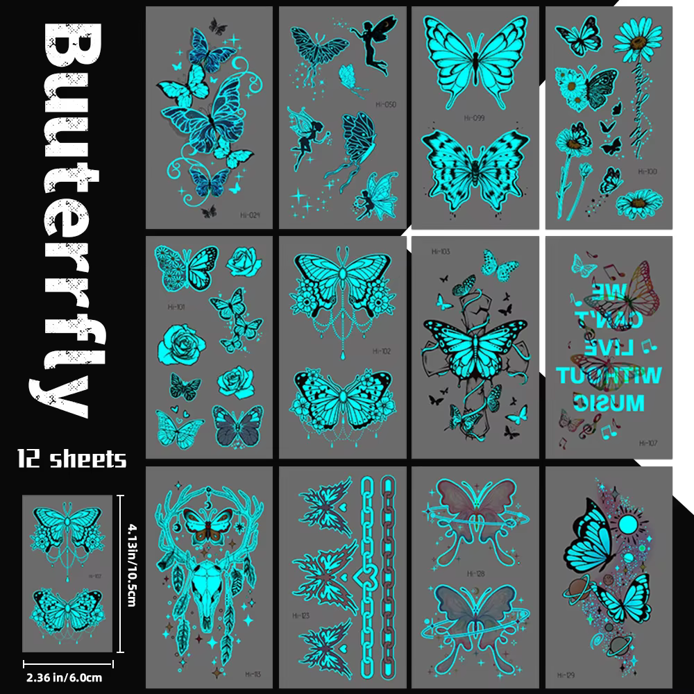 12 autocollants de tatouage papillon bleus qui brillent dans le noir avec des motifs de fée papillon