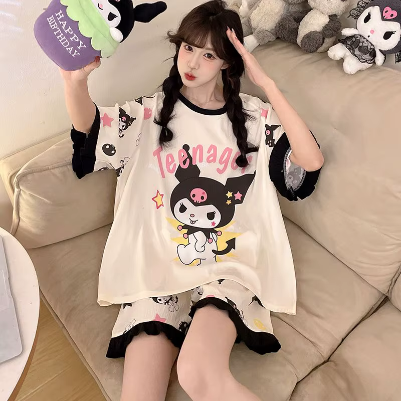 Ensemble de pyjama d'été en coton nuage pour femme Kuromi, manches courtes, col rond, coupe ample, i