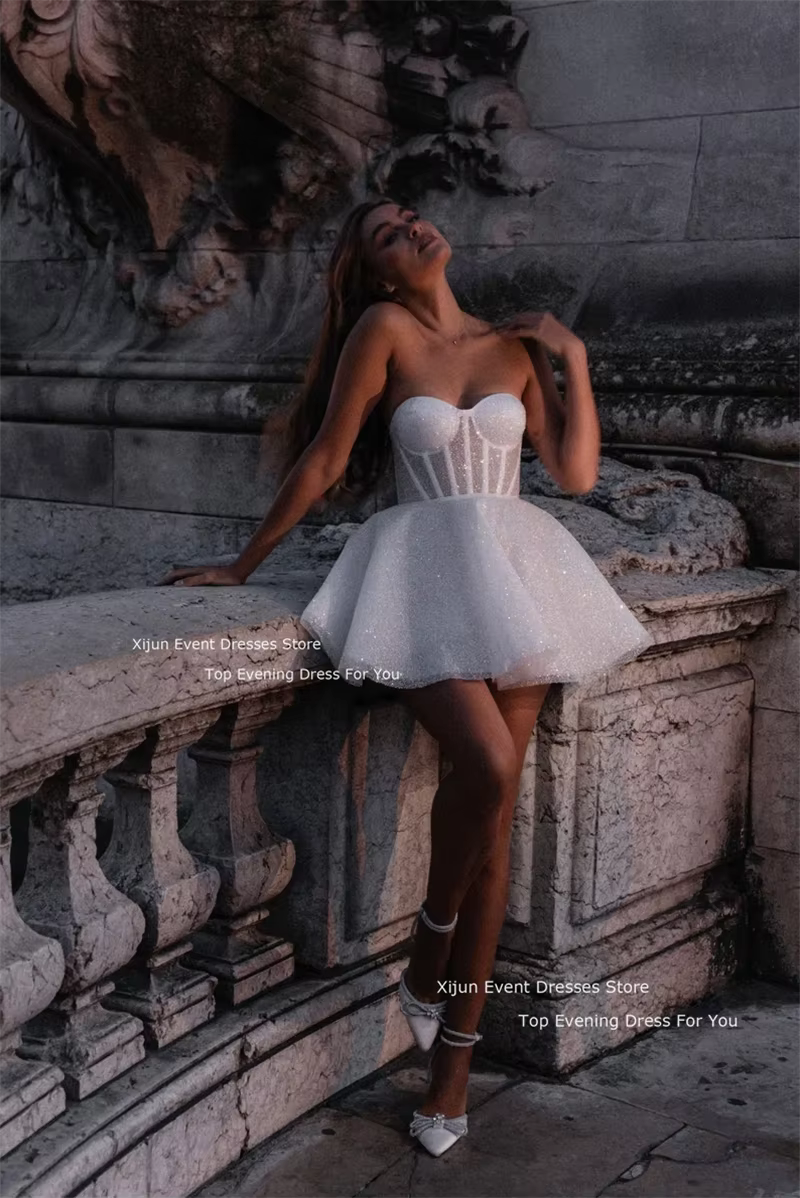 Xijun-Robes de mariée scintillantes, robes de Rhen fibre chérie, mini robes courtes en tulle pour le
