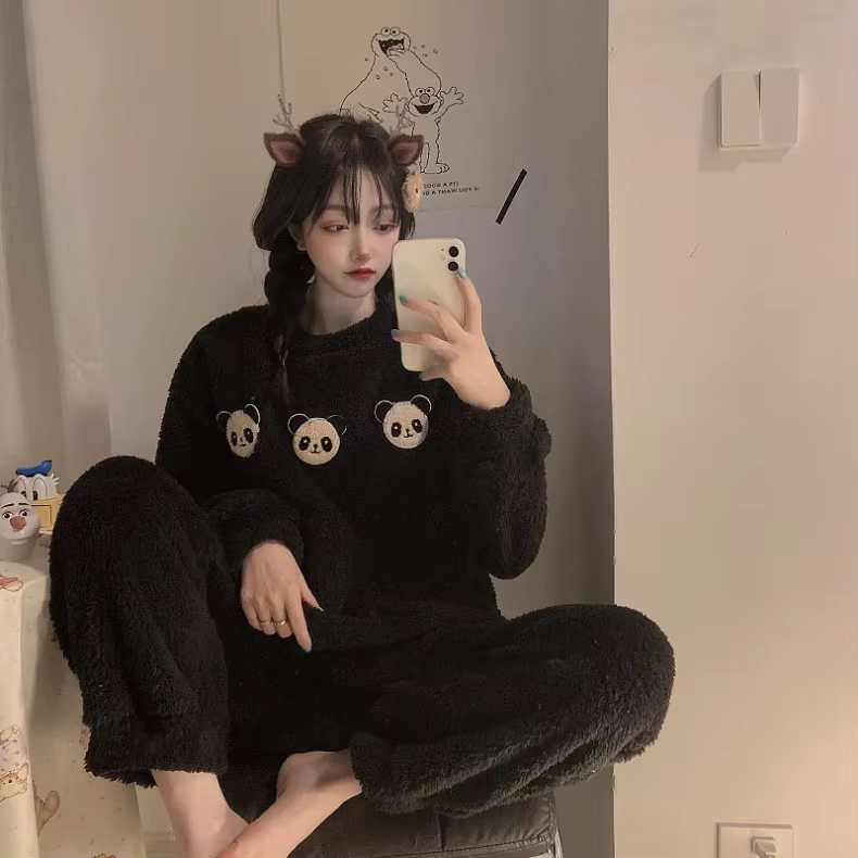 Ensemble de pyjama en polaire épais et chaud pour femme, tenue de nuit décontractée d'hiver, haut un