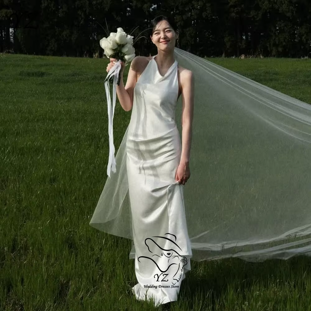Robe de mariée coréenne élégante personnalisée YZ, style halter, en satin, longue, simple, sans manc
