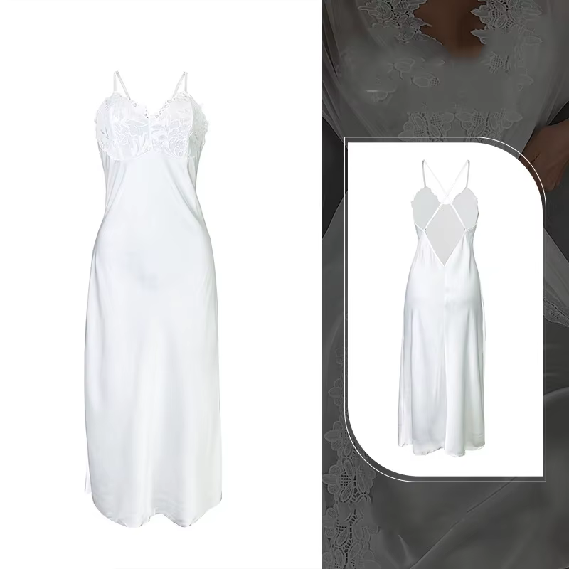 Sexy dentelle femme nuisette & robe ensemble chemise de nuit blanc glace soie jarretelle chemise de 