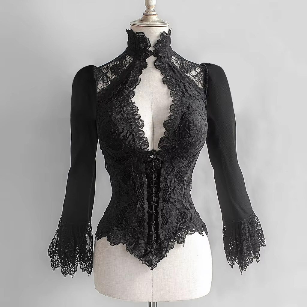 Chemisier Corset français noir pour femmes, coupe cintrée, élégant, dentelle transparente, col monta