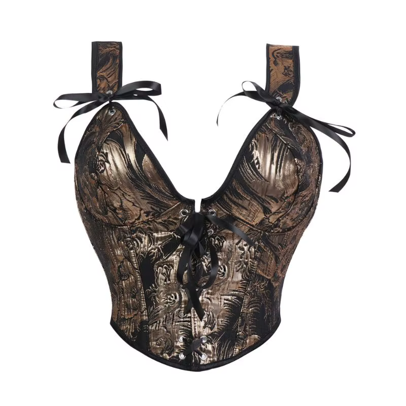 Corset pour femme noir et or, jacquard baroque, avec nœud à nouer, larges bretelles, décolleté en V