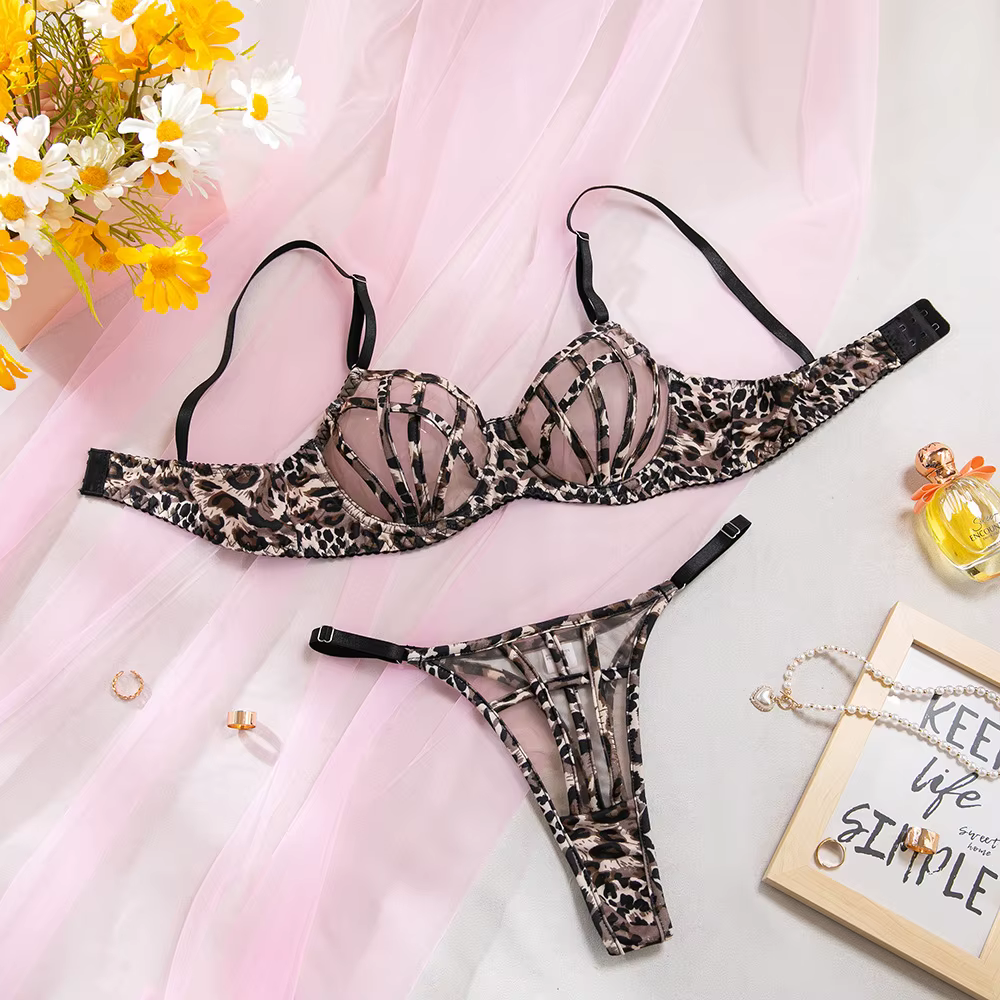Ensemble de soutien-gorge en maille léopard pour femmes, Lingerie transparente Push Up, string décou