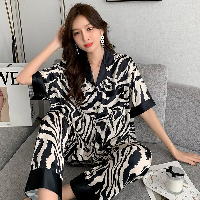 Pyjama deux pièces en soie imprimé zèbre pour femme, pantalon à manches courtes, ensemble de vêtemen