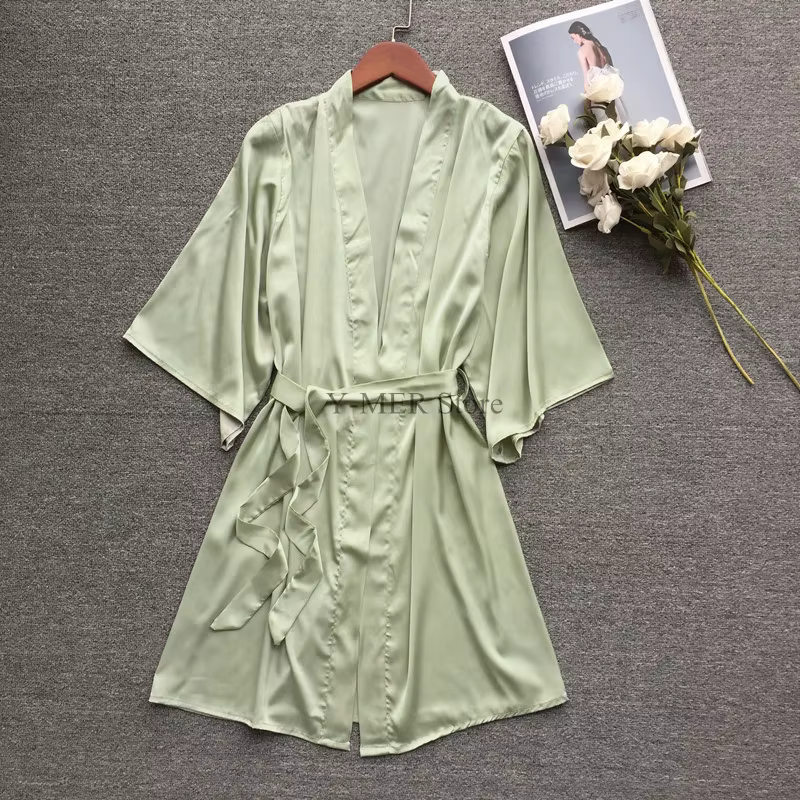 Chemise de nuit en satin vert pour femme, kimono pour documents solides, peignoir élégant pour femme