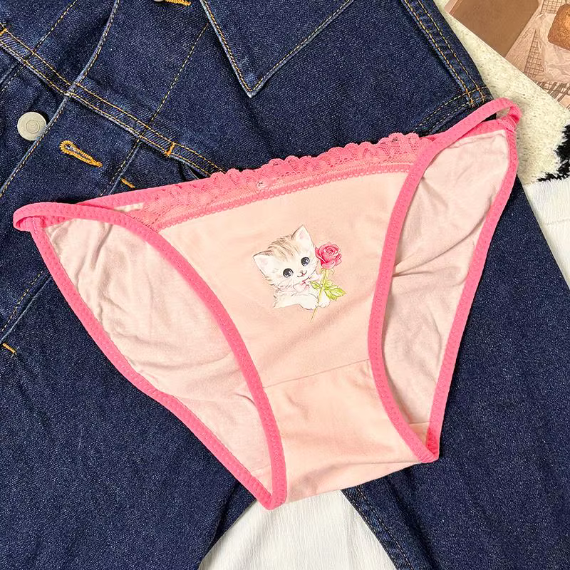 Cotton Girls Panties Cute Cat Sexy Japanese Lace Women Briefs Lady Thong  Underwear G String Female 