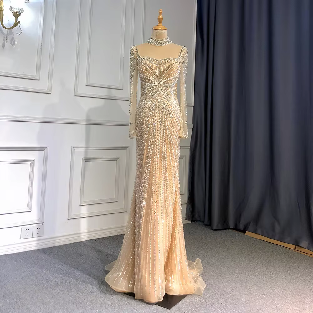 SERENE HILL-robe de soirée de forme sirène, tenue de soirée élégante, couleur chair, luxueuse, avec