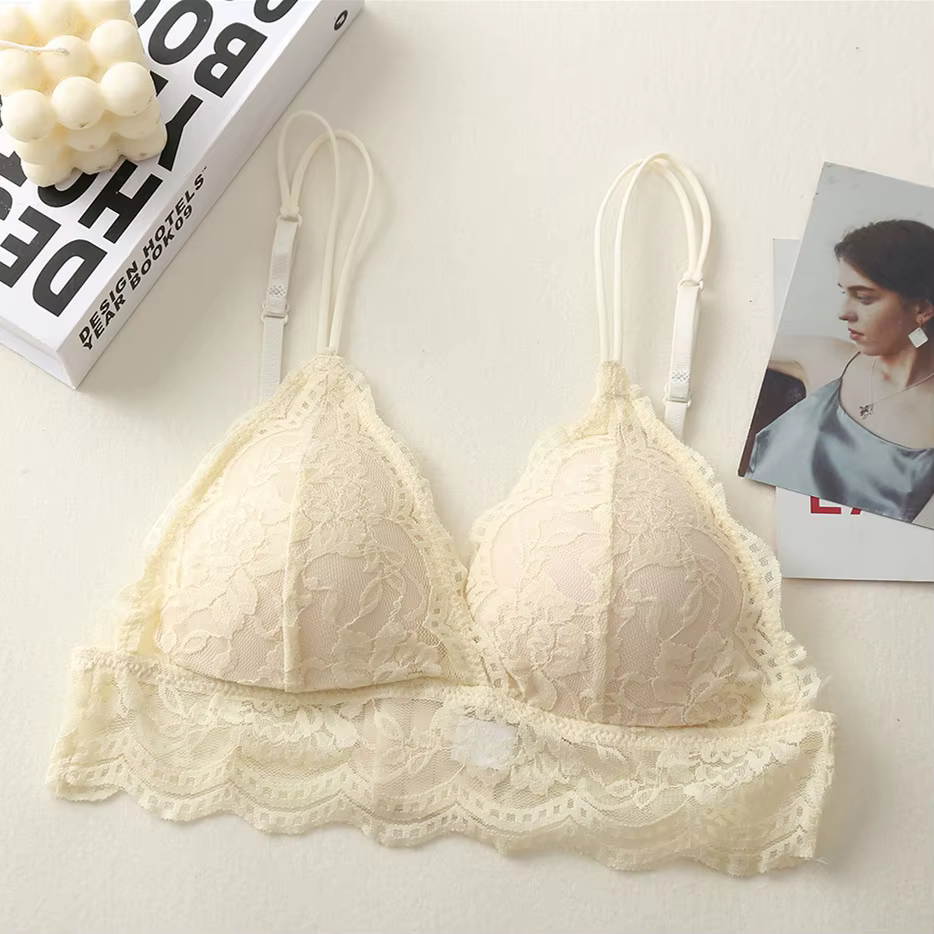 Soutien-gorge triangle en dentelle sans armatures pour femme, design floral, lingerie sexy, bonnet l