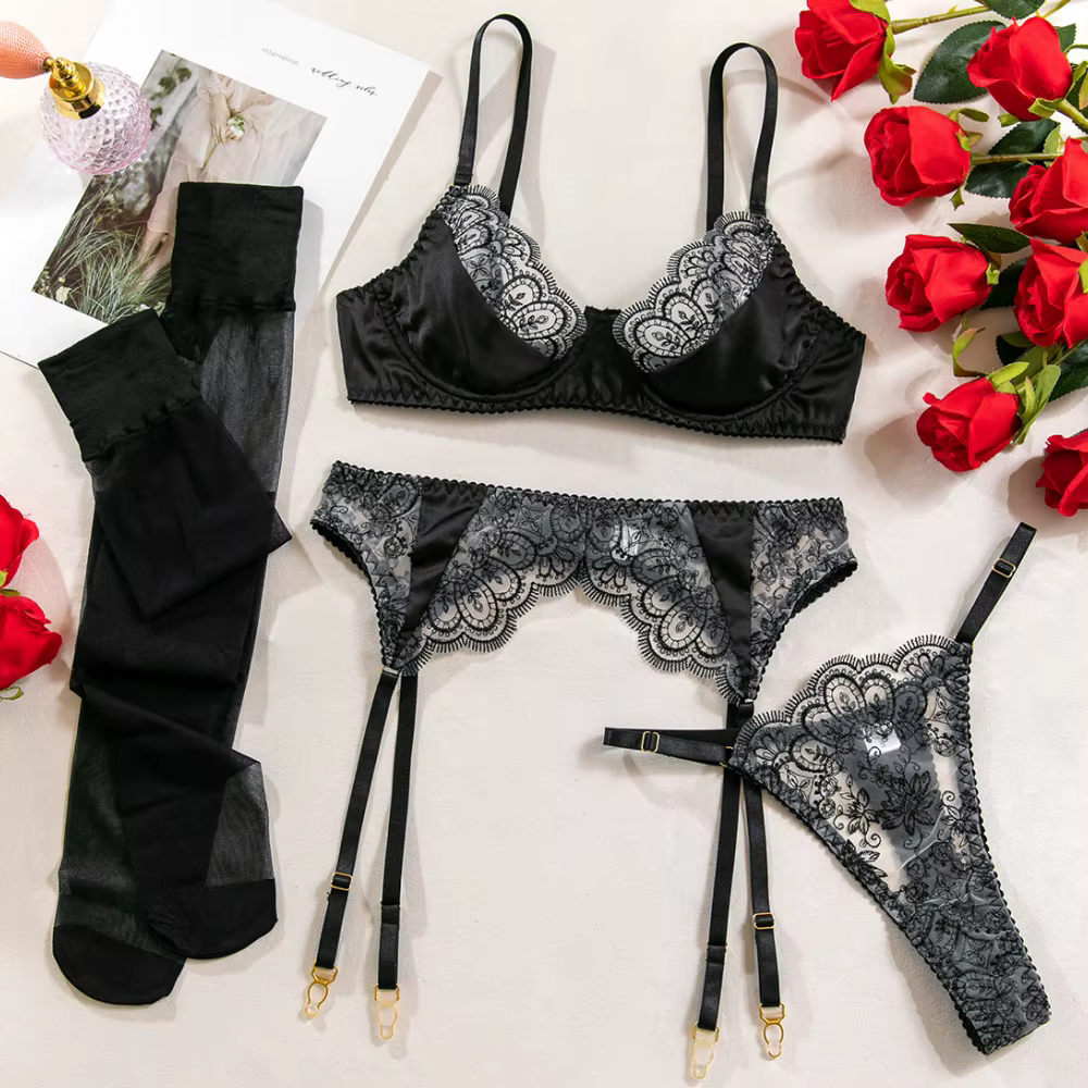 Krasapt fantaisie Patchwork Lingerie 4 pièces ensembles Sexy fleur broderie pure soutiens-gorge et s
