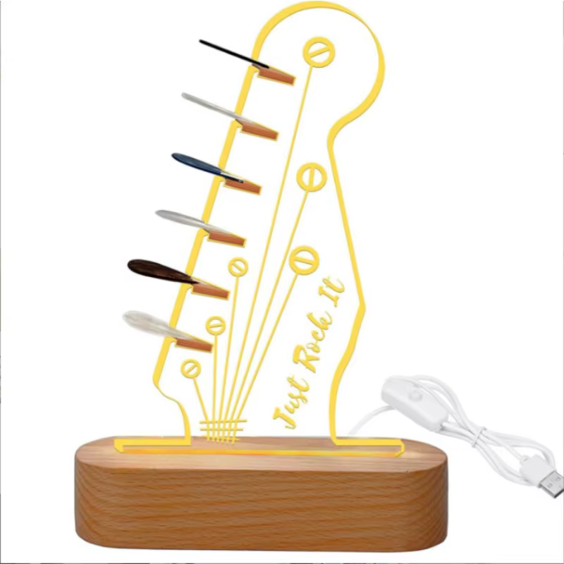 Nouvelle veilleuse d'ambiance 3D, organisateur de plectres de guitare en bois, lampe cadeau créative