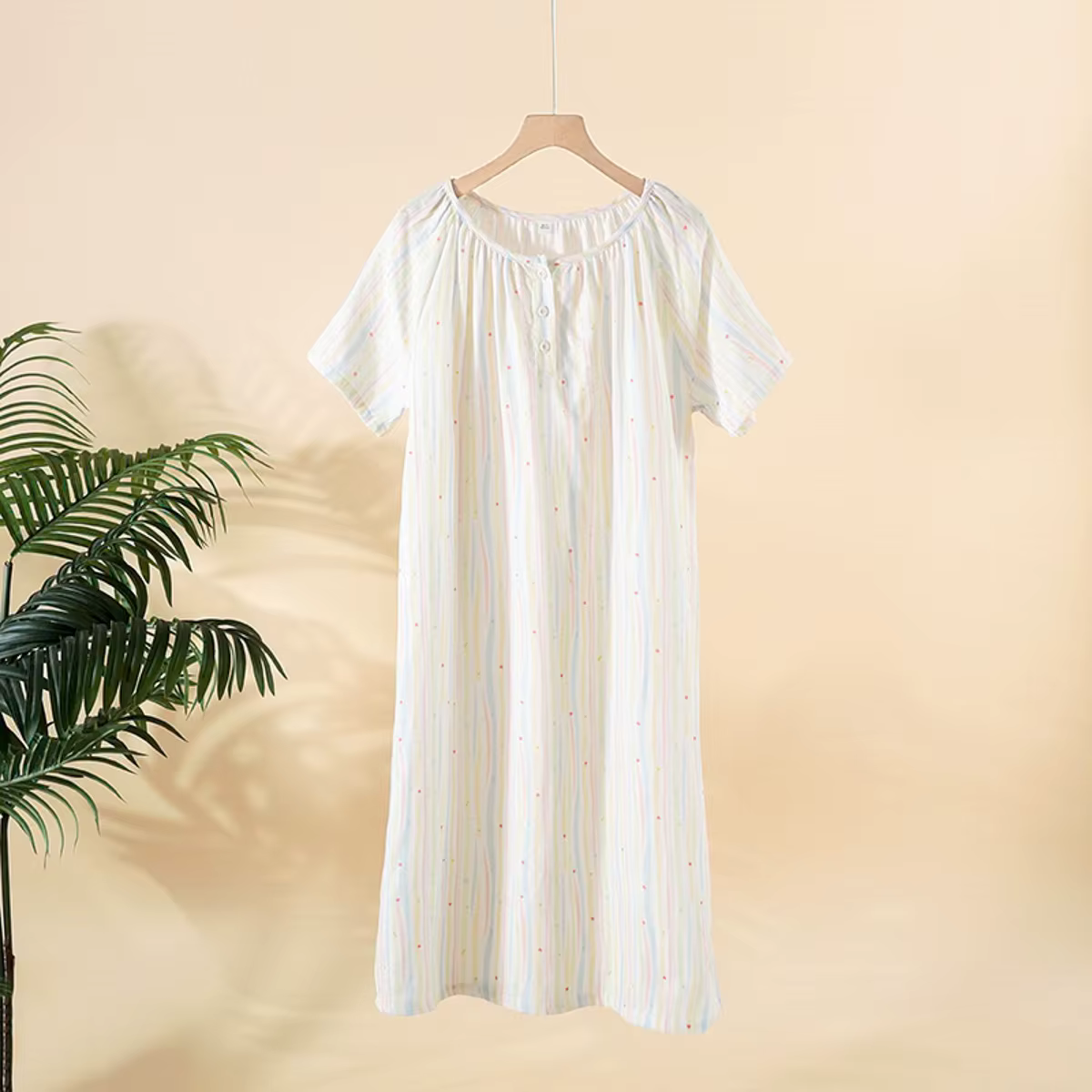 Chemise de nuit d'été en gaze de coton pur pour femmes, jupe de maison, col rond, manches courtes, r