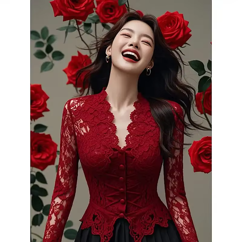 Haut corset en dentelle rouge pour femme, manches longues, bouton sur le devant, chemisier formel