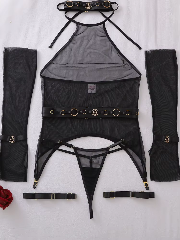 Body en dentelle noir moulant transparent, lingerie sexy érotique pour femme, avec gants et porte-ja