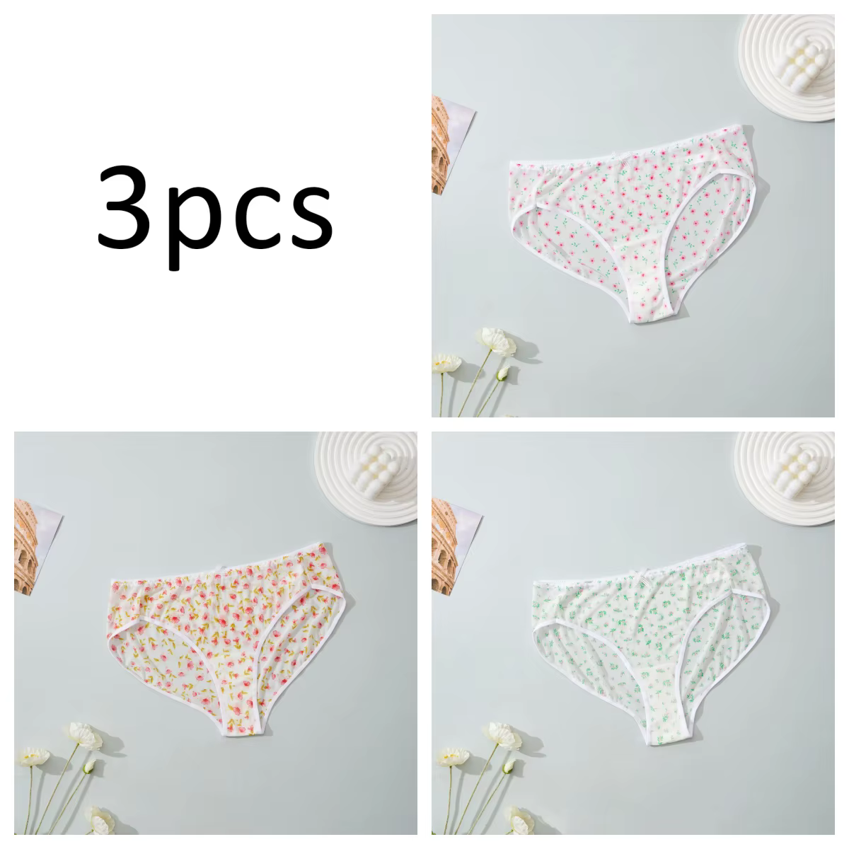 Ensemble de 3 culottes string en tulle à imprimé floral frais – Sous-vêtements légers et respirants