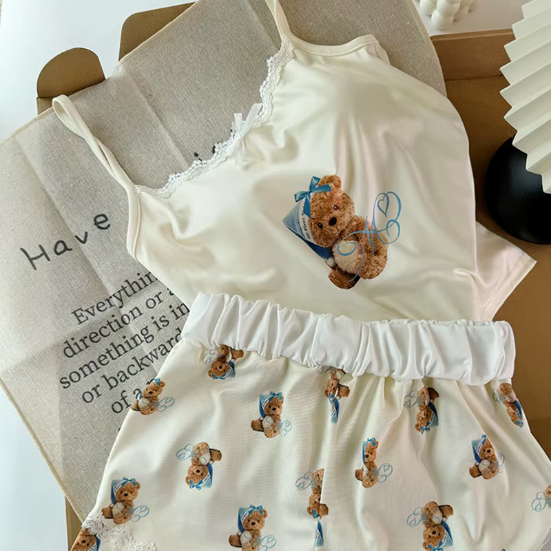 Ensemble pyjama d'été imprimé ours pour femmes, mignon, garniture en dentelle, haut caraco avec shor