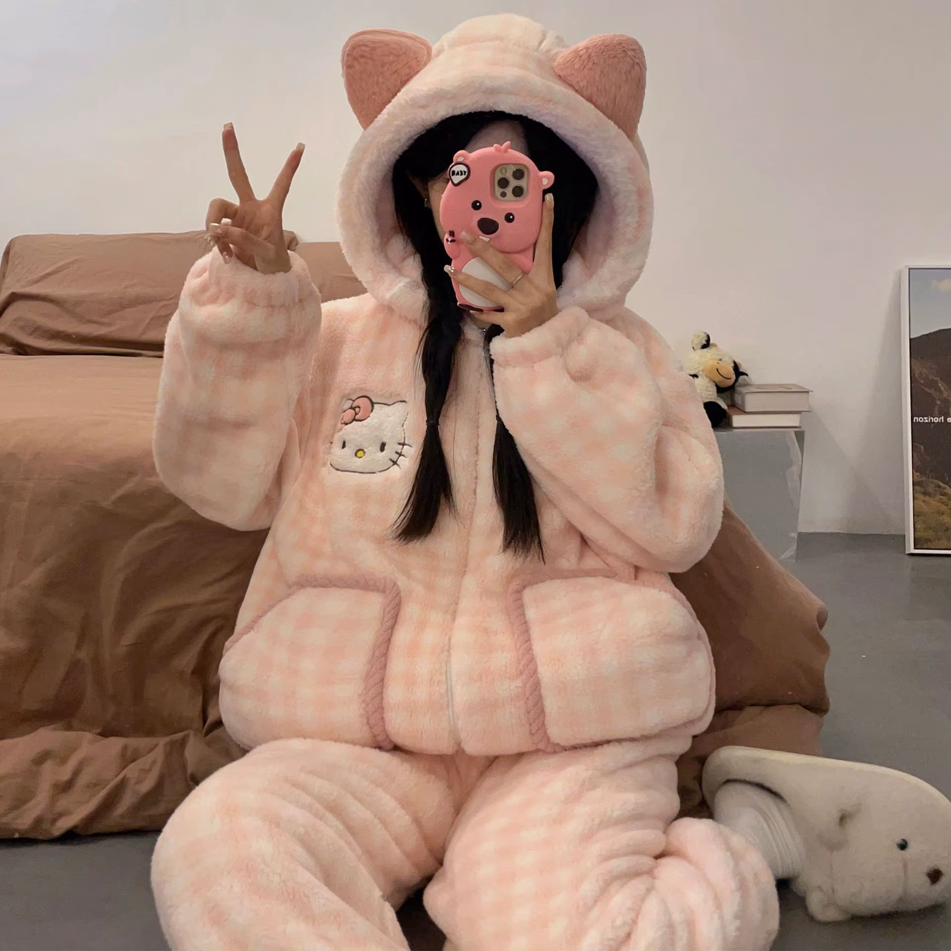 Kawaii Hello Kitty à capuche moelleux pyjamas ensemble femmes 2025 hiver à carreaux tissu vêtements 