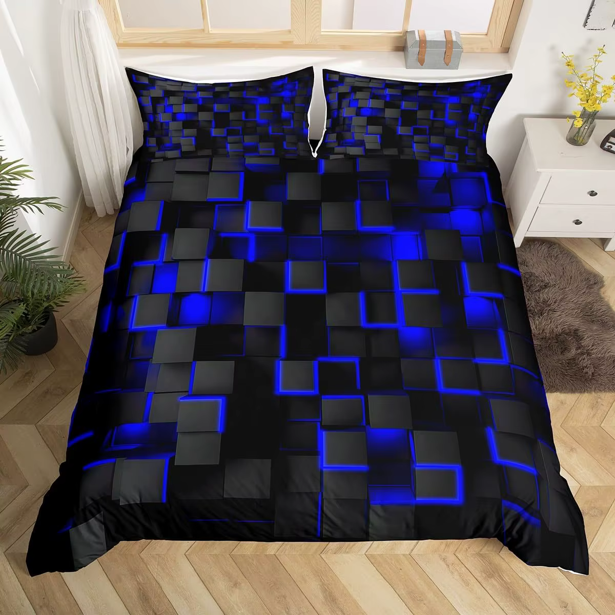 Ensemble de literie bleu et noir, housse de couette, ensemble de literie géométrique léger pour enfa