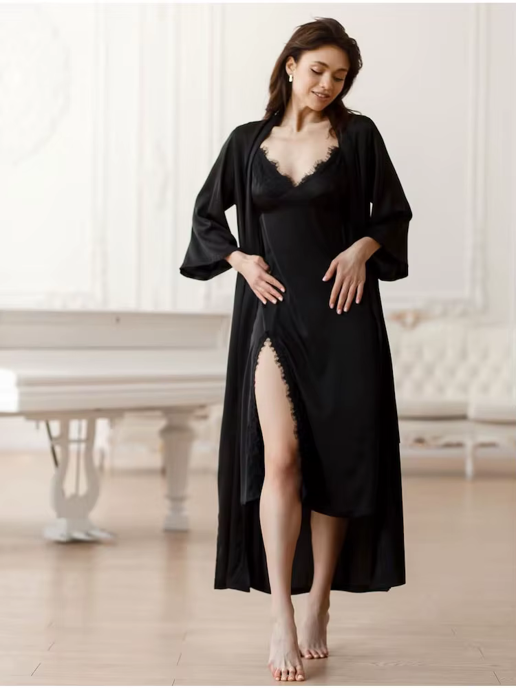Ensemble de robe de nuit et peignoir en soie luxueuse pour femmes, robe longue en dentelle noire et 