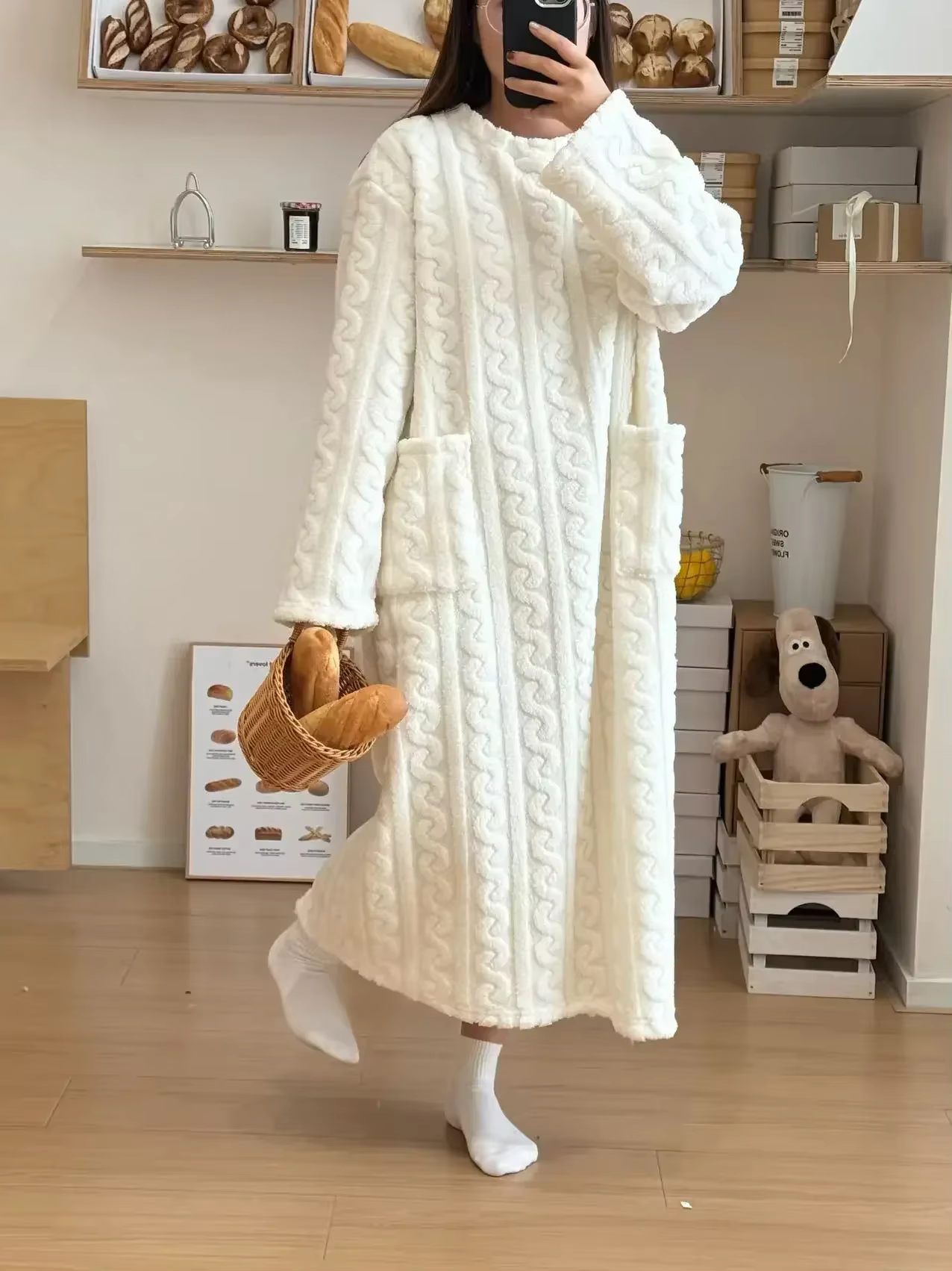 Hiver à manches longues Double poche flanelle chemises de nuit femmes ample solide vêtements de nuit