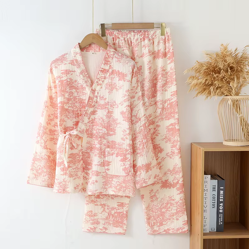Kimono japonais 100% coton gaze, pyjama pour femmes, vêtements de nuit féminins, ensemble 2 pièces, 