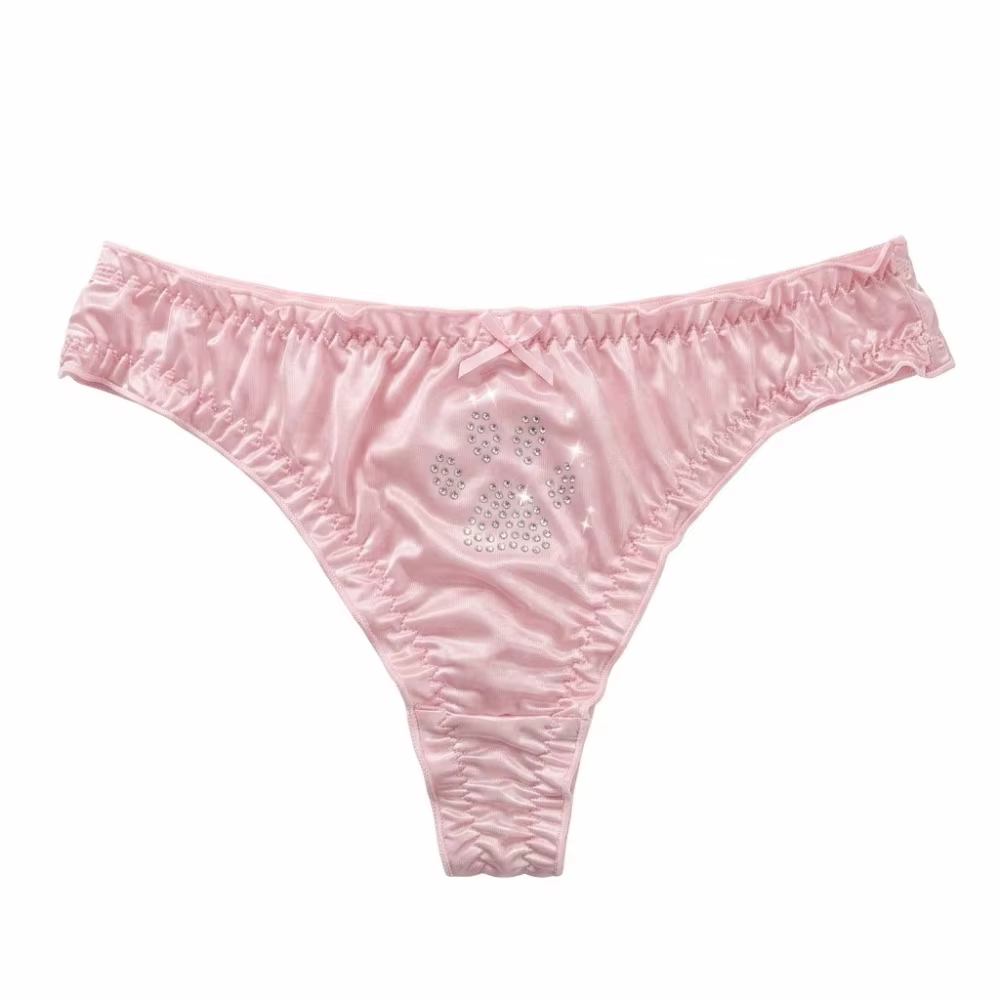 Culottes Lolita Patte de Chat en Soie Glacée avec Strass Kawaii, Strings et Lingerie à Entrejambe en