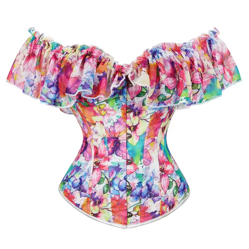 Corset gothique Sexy pour femmes, hauts à fleurs et manches bouffantes à volants, épaules dénudées, 