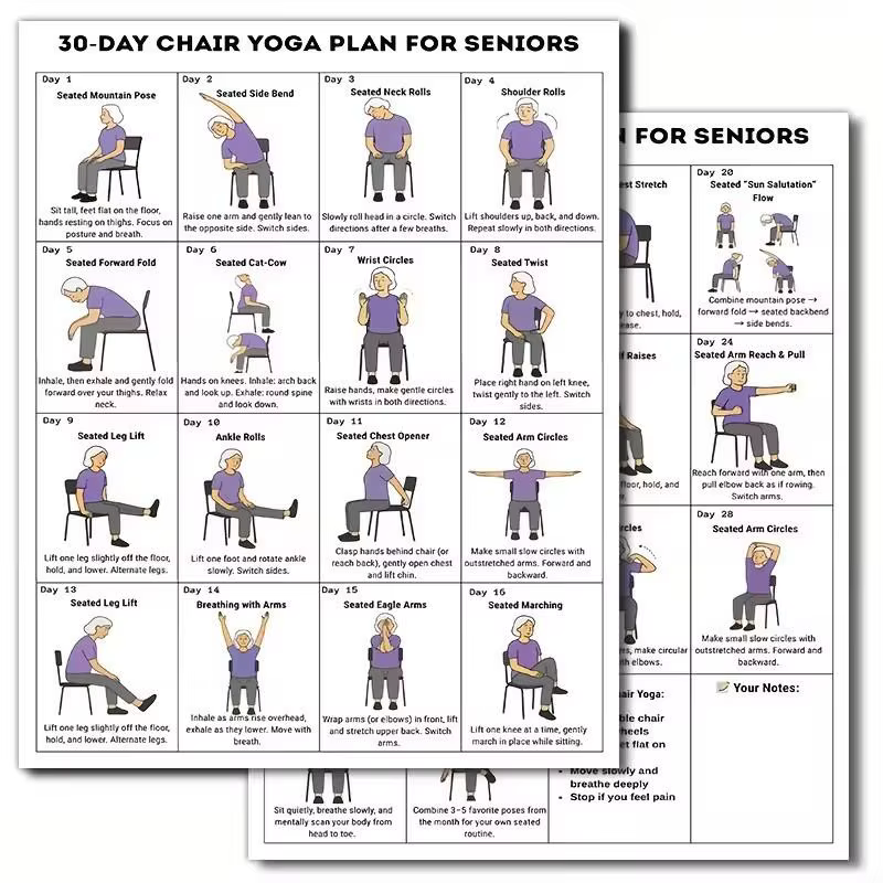 2/10 feuilles de défi de yoga sur chaise de 30 jours pour les seniors, plan d'entraînement complet d