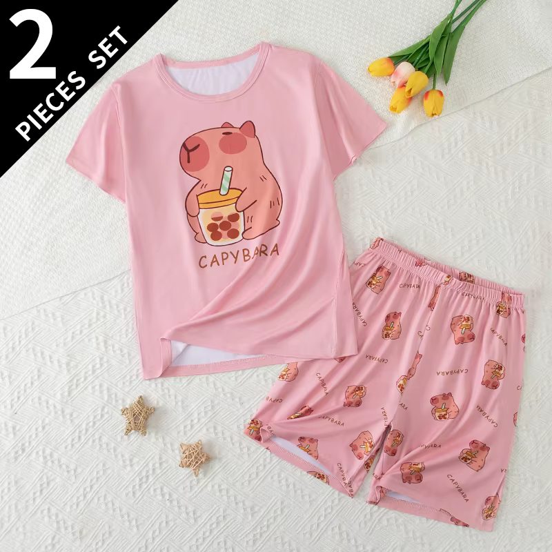 Ensemble 2 pièces de shorts à manches courtes doux et mignons pour adolescentes, ensemble de pyjama 