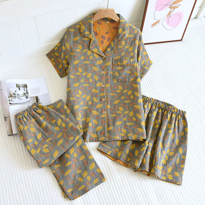 Pyjama d'été trois pièces en coton pour femme, pantalon à manches courtes, rétro, slim, surdimension