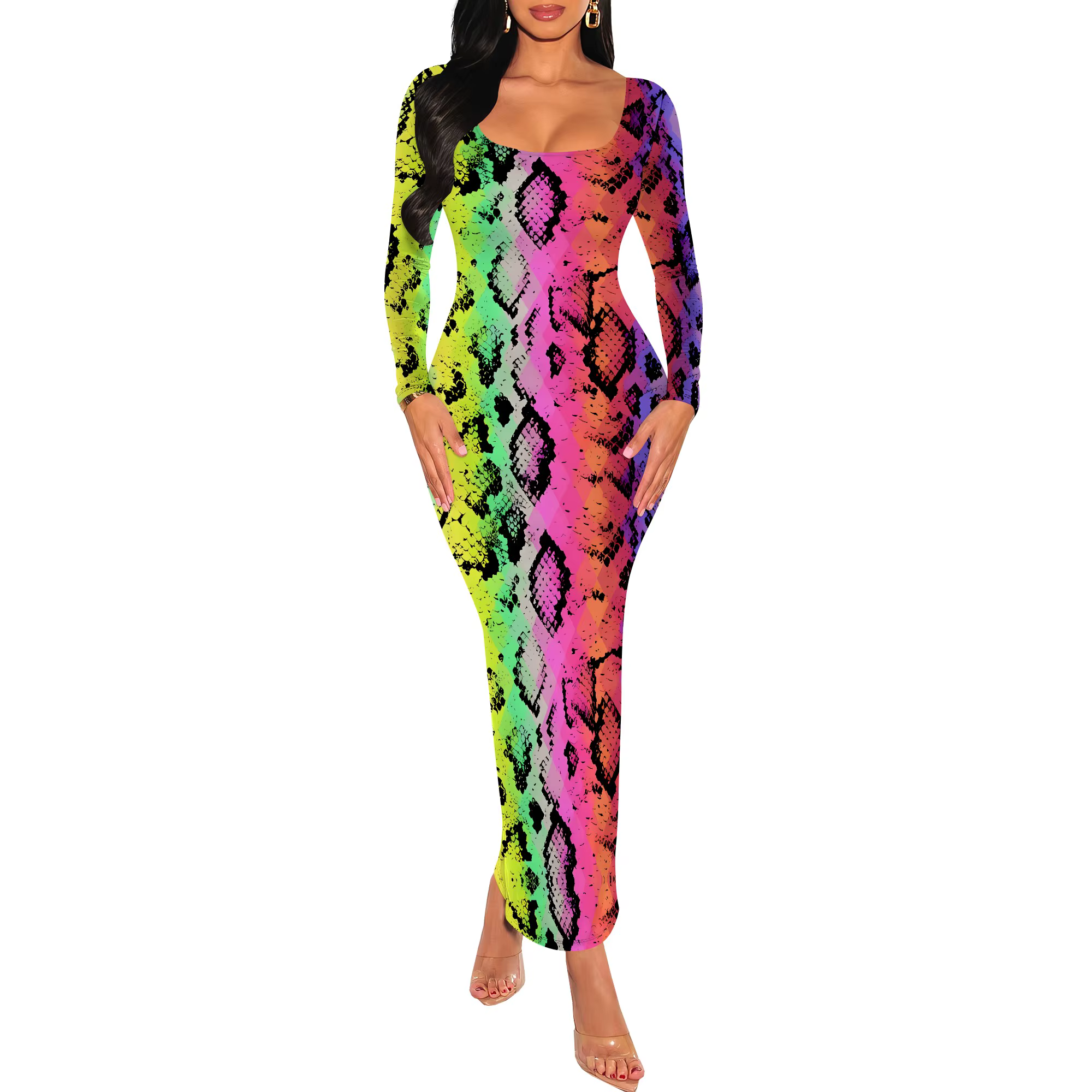 Robe Maxi moulante imprimée peau de serpent pour femmes, manches longues, Sexy, coupe cintrée, tenue