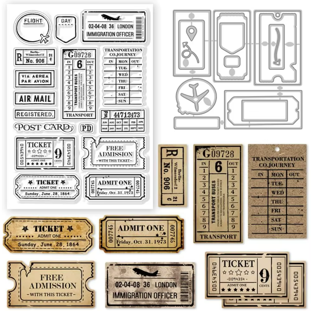 Billet de voyage aérien rétro, tampon transparent, carte postale d'avion, ensemble de matrices de dé