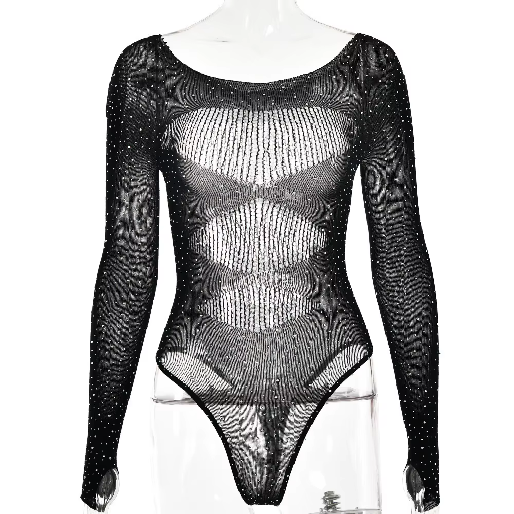 Body en résille transparent pour femmes, tricot ajouré, manches longues, strass, maille, tenues de b