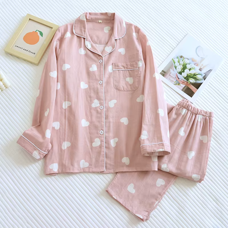 100% coton gaze pyjamas pour femmes amour coeur imprimé Sweety vêtements de nuit 2026 printemps auto