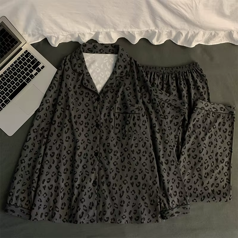 Ensemble de pyjama de luxe français à imprimé léopard pour femme, vêtements de nuit doux à manches l