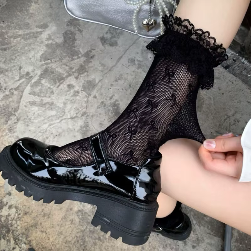 Chaussettes en résille en Nylon pour femmes, chaussettes Sexy en dentelle ajourée avec nœud imprimé,