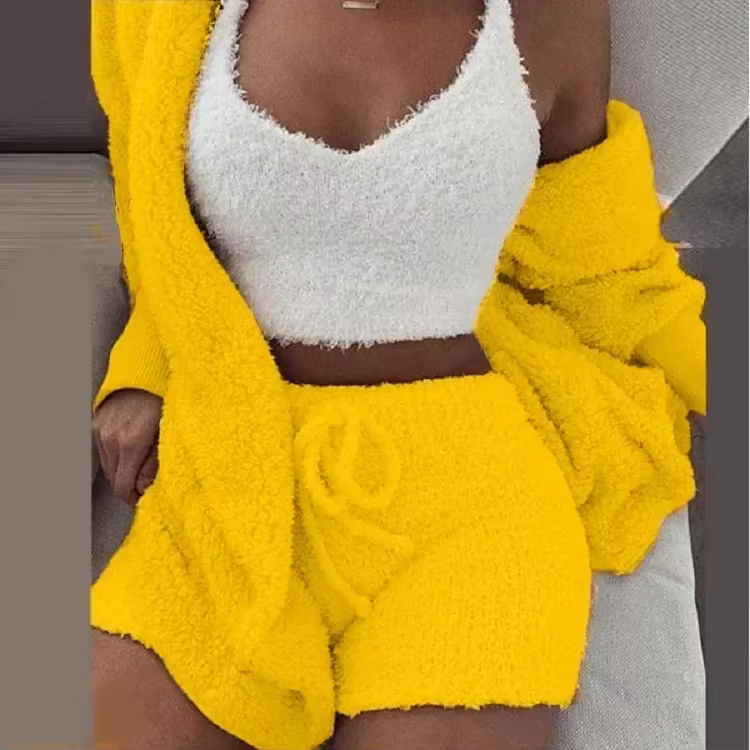 Nouvel ensemble de pyjama en velours pour femme 2026 – Haut court sexy + short + veste – 3 pièces – 