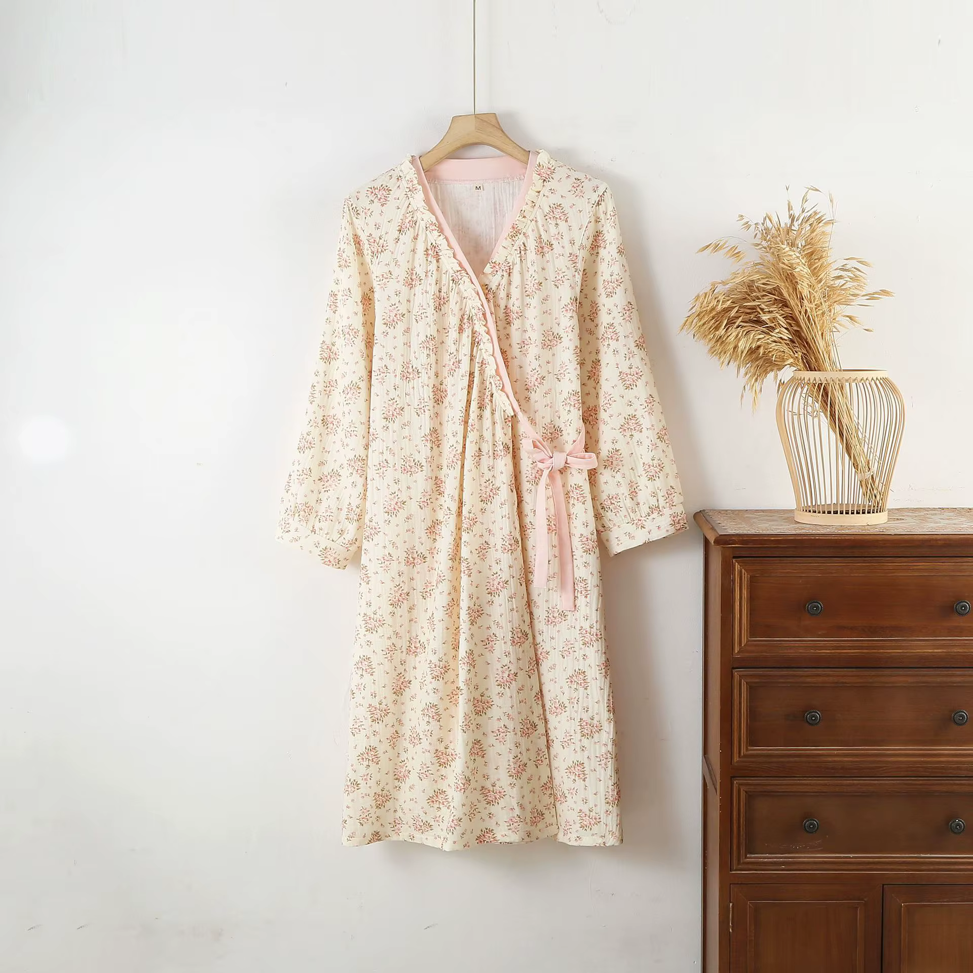 Chemise de nuit Kimono en pur coton, Double couche de gaze, manches longues, jupe de maison en dente
