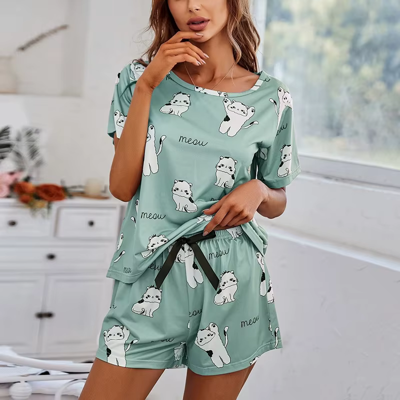2026 Femmes décontracté mignon merdes en plein air avec Shorts Pyjamas ensembles à manches courtes v
