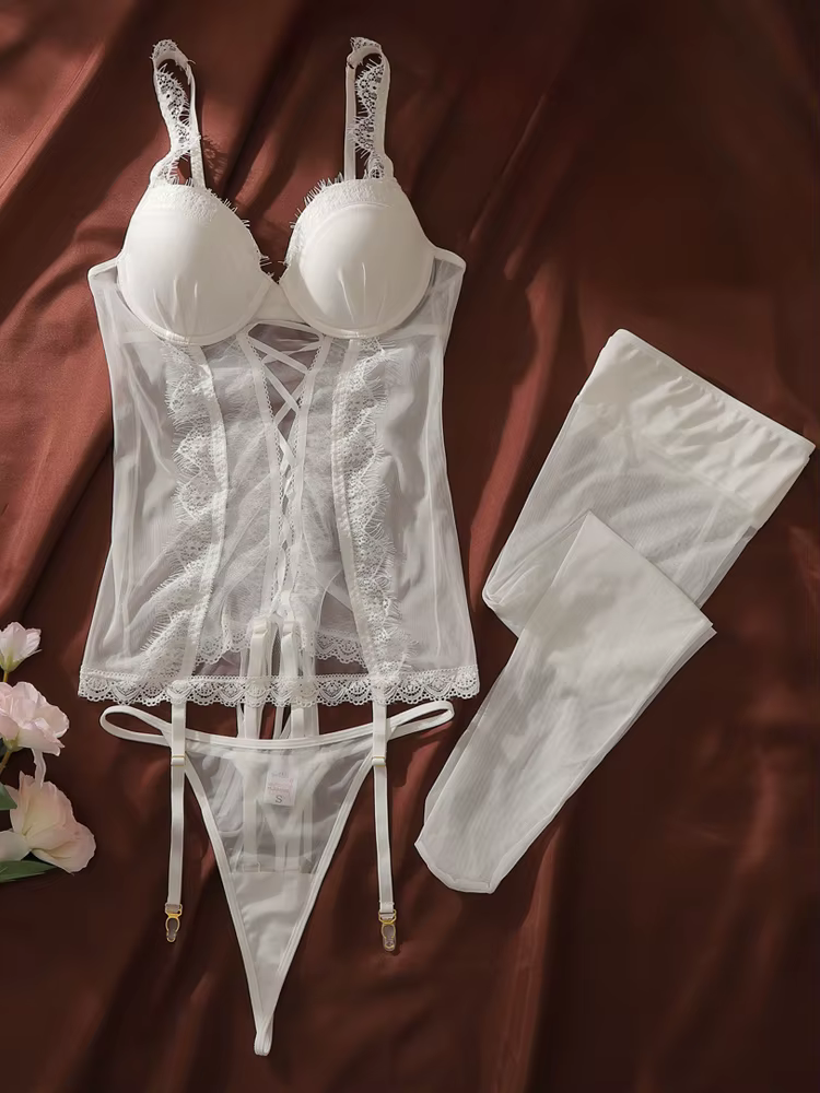 Ensemble de lingerie féminine blanc : Bustier corset sexy, serre-taille avec string, lingerie érotiq