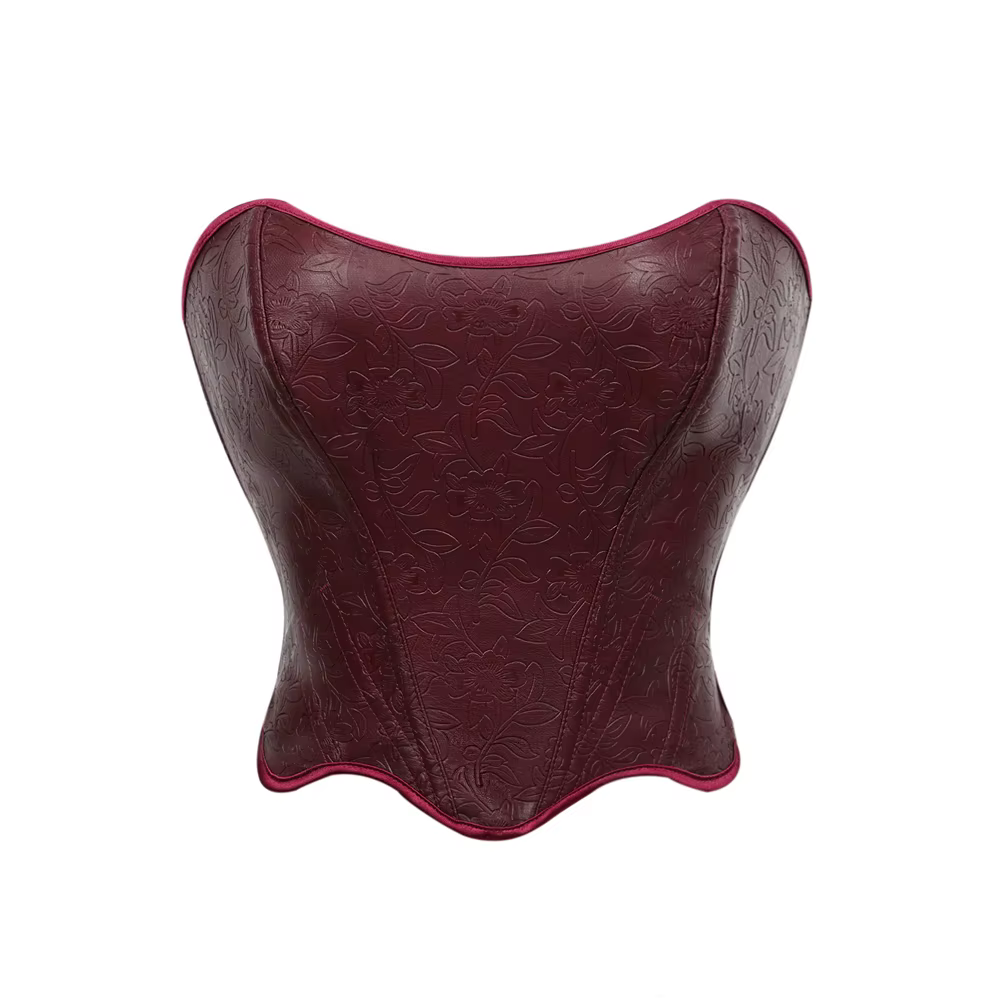 Corset court marron vintage en similicuir PU pour femme, bustier push-up sans bretelles avec fleurs 