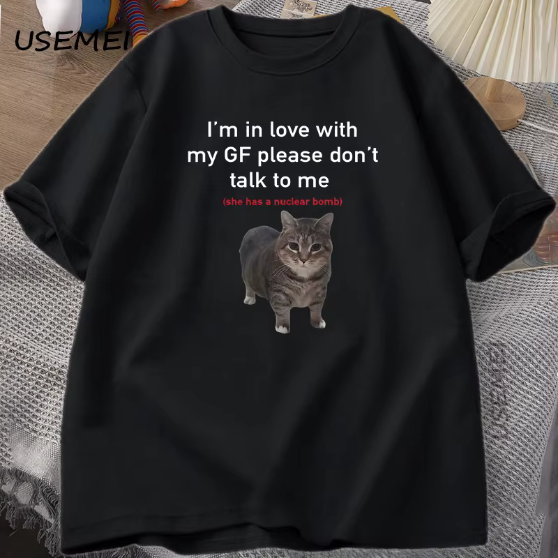 Je suis amoureux de mon GF drôle chat T-shirts petits amis coton ample col rond surdimensionné T-shi