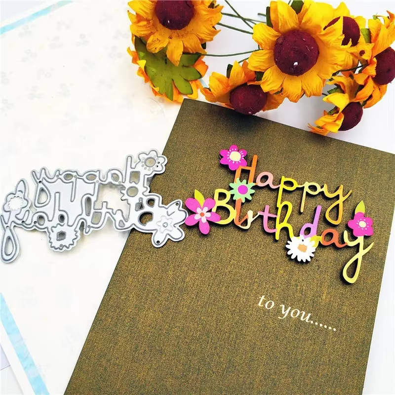 Matrices de découpe en métal avec mots joyeux anniversaire, pochoir pour Scrapbooking, Album Photo,