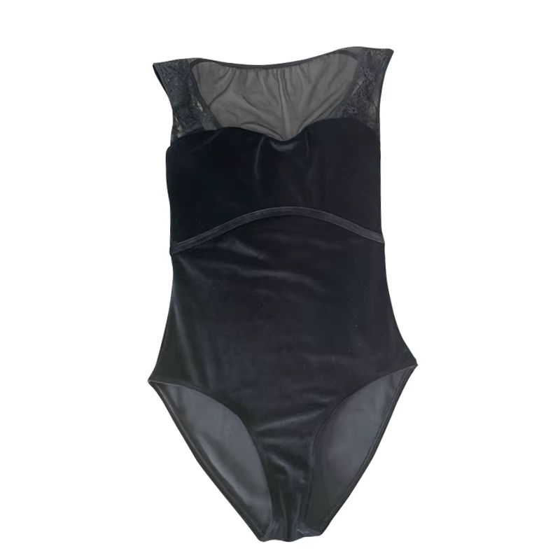 Justaucorps de ballet vintage noir en velours pour femme, tenue de danse douce, costume de gymnastiq