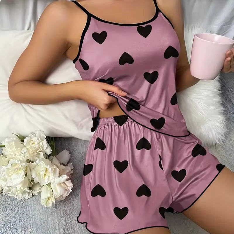 Ensemble de pyjama pour femmes, t-shirts et shorts, imprimé cœur rose, t-shirt à col rond, haut en s