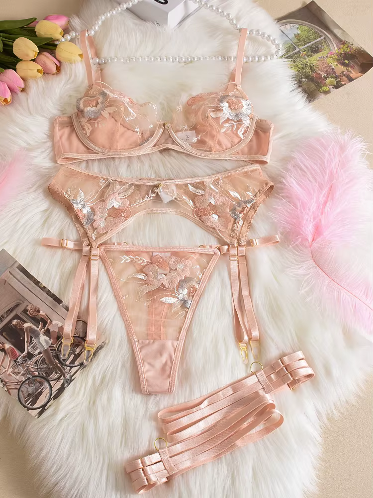 Belamimi 4 pièces ensemble de Lingerie Sexy costume Perspective broderie soutien-gorge ensemble pour