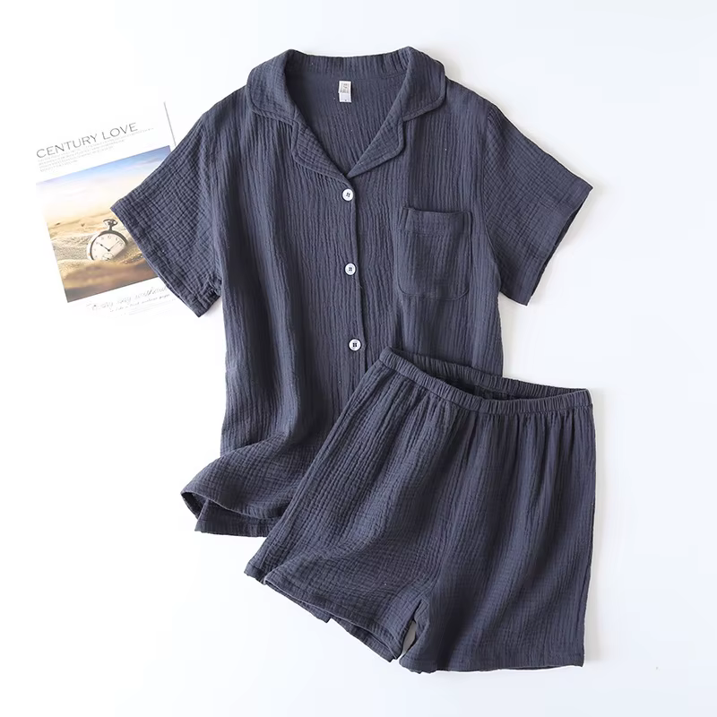 Ensemble pyjama en gaze de coton double couche pour femmes, tissu crêpe délavé, short à manches cour