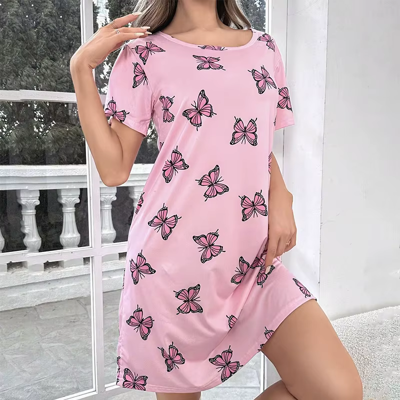 Chemise de nuit d'été à manches courtes pour femmes, T-shirt à col rond, chemise de nuit douce, vête