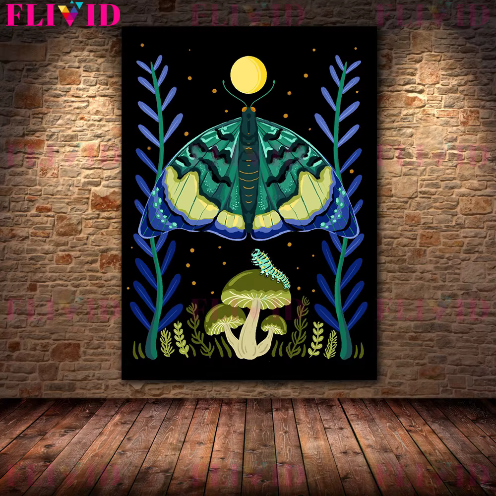 Affiche d'art mural abstrait rouge nuit, chambres plus lentes avec papillons et mites, insecte et pl